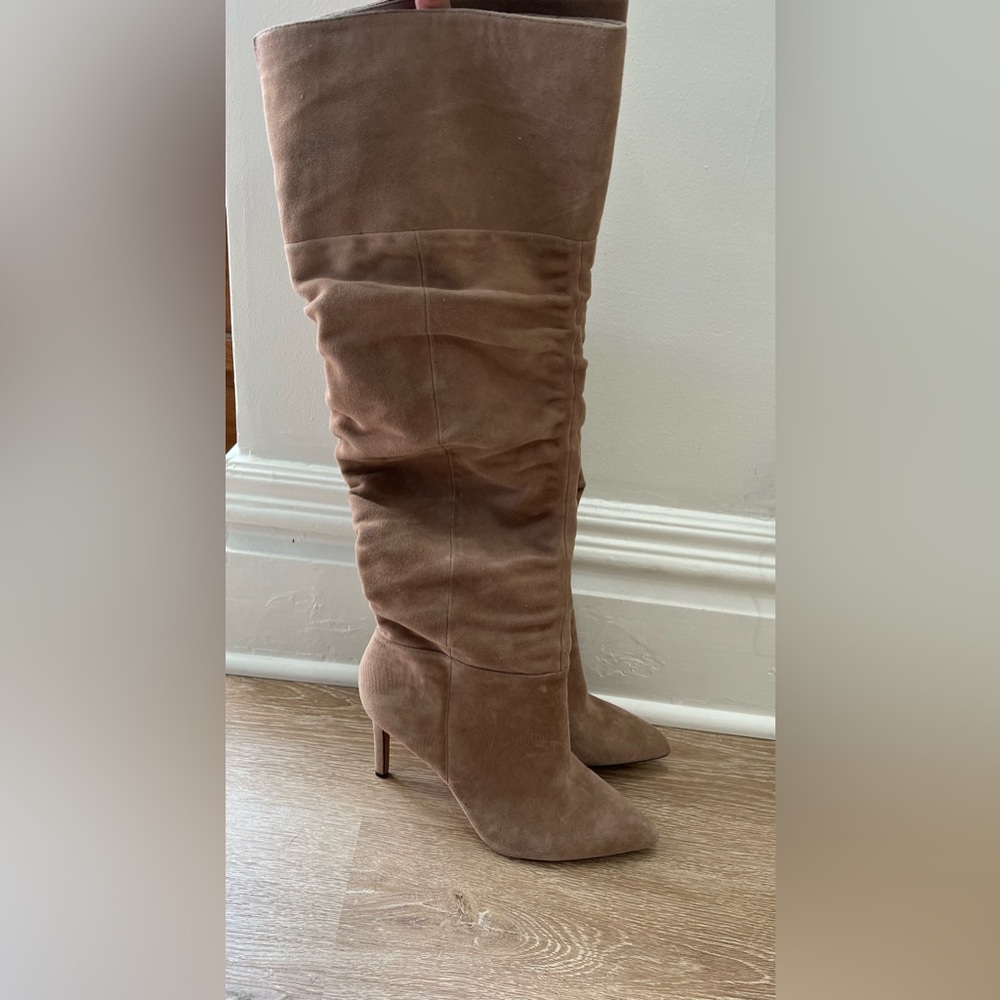 Vince Camuto thigh high tan boots with stiletto heel